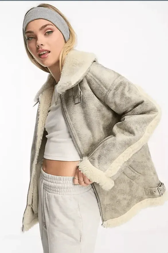 Women's White Distressed Shearling Leather Bomber Jacket