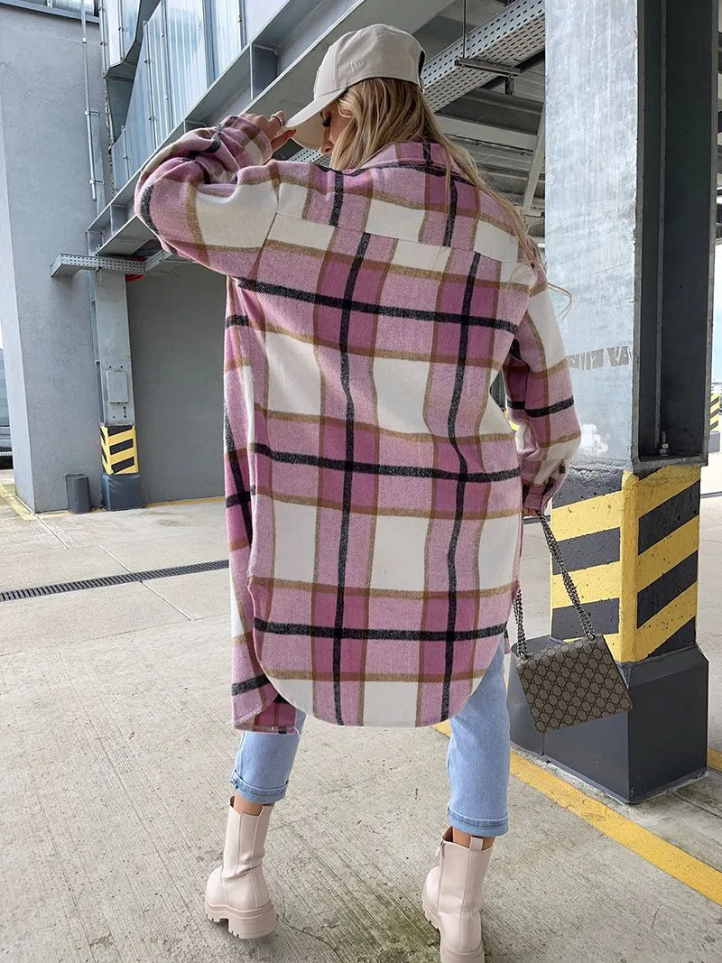 Wool Blend Longline Plaid Shacket Long Checked Peacoat