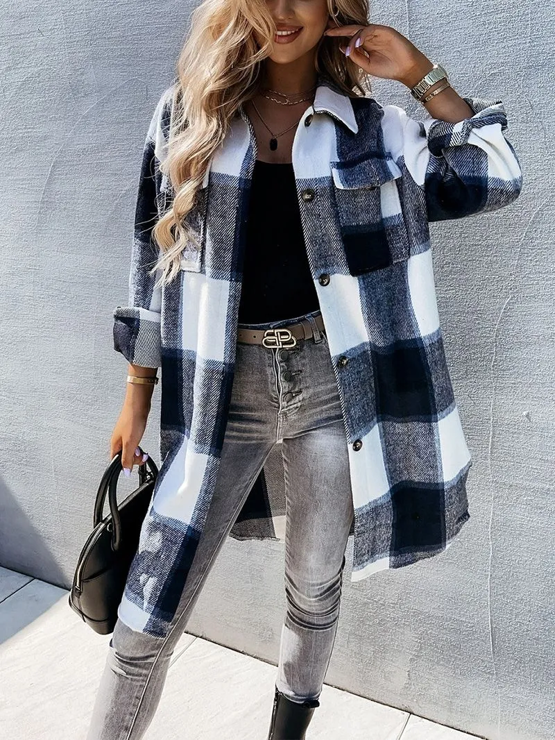 Wool Blend Longline Plaid Shacket Long Checked Peacoat