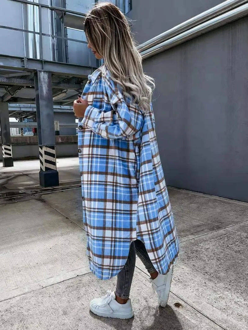 Wool Blend Longline Plaid Shacket Long Checked Peacoat