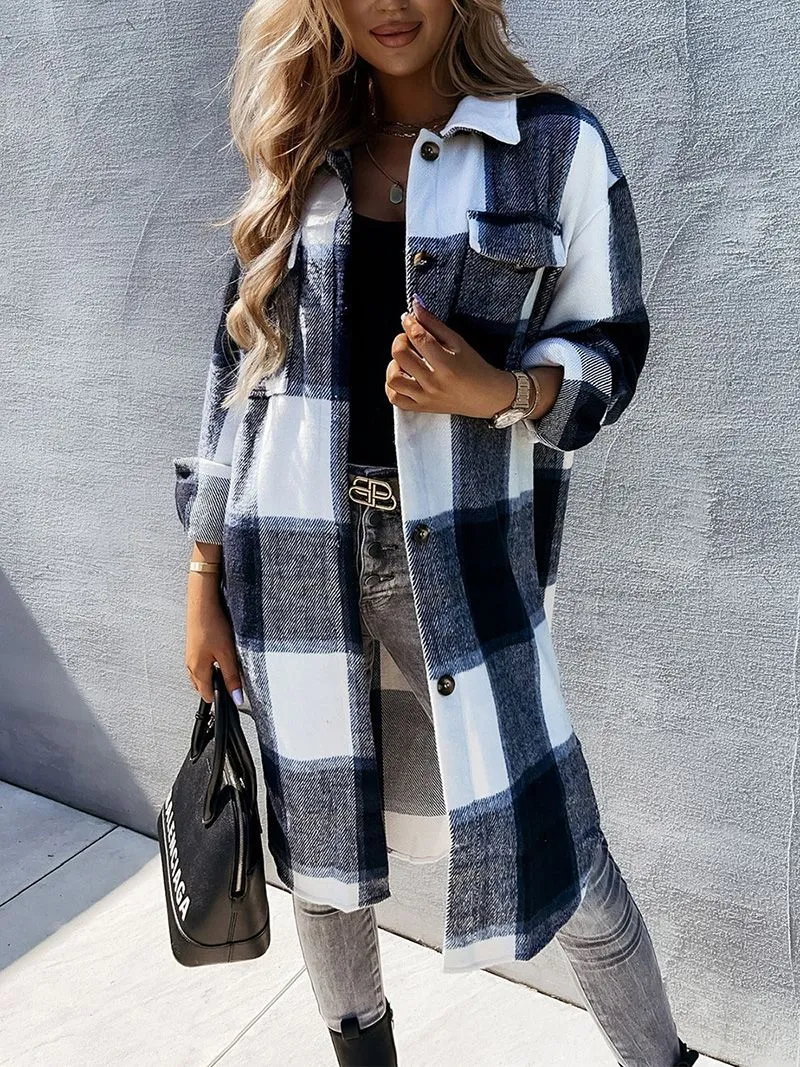 Wool Blend Longline Plaid Shacket Long Checked Peacoat