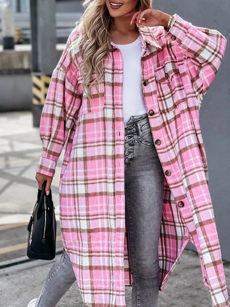 Wool Blend Longline Plaid Shacket Long Checked Peacoat