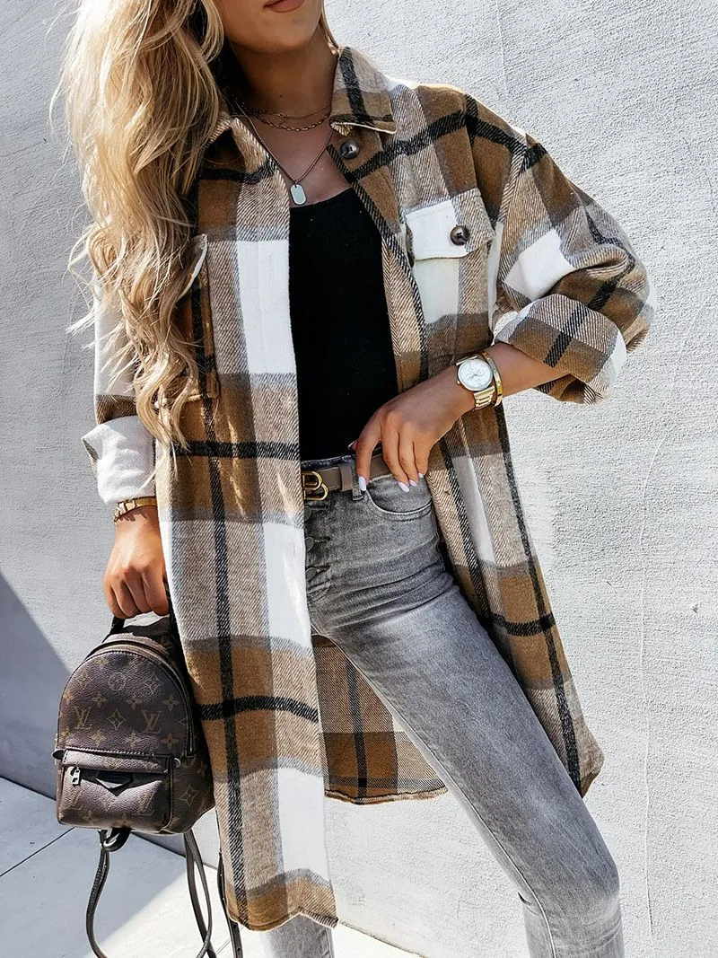 Wool Blend Longline Plaid Shacket Long Checked Peacoat