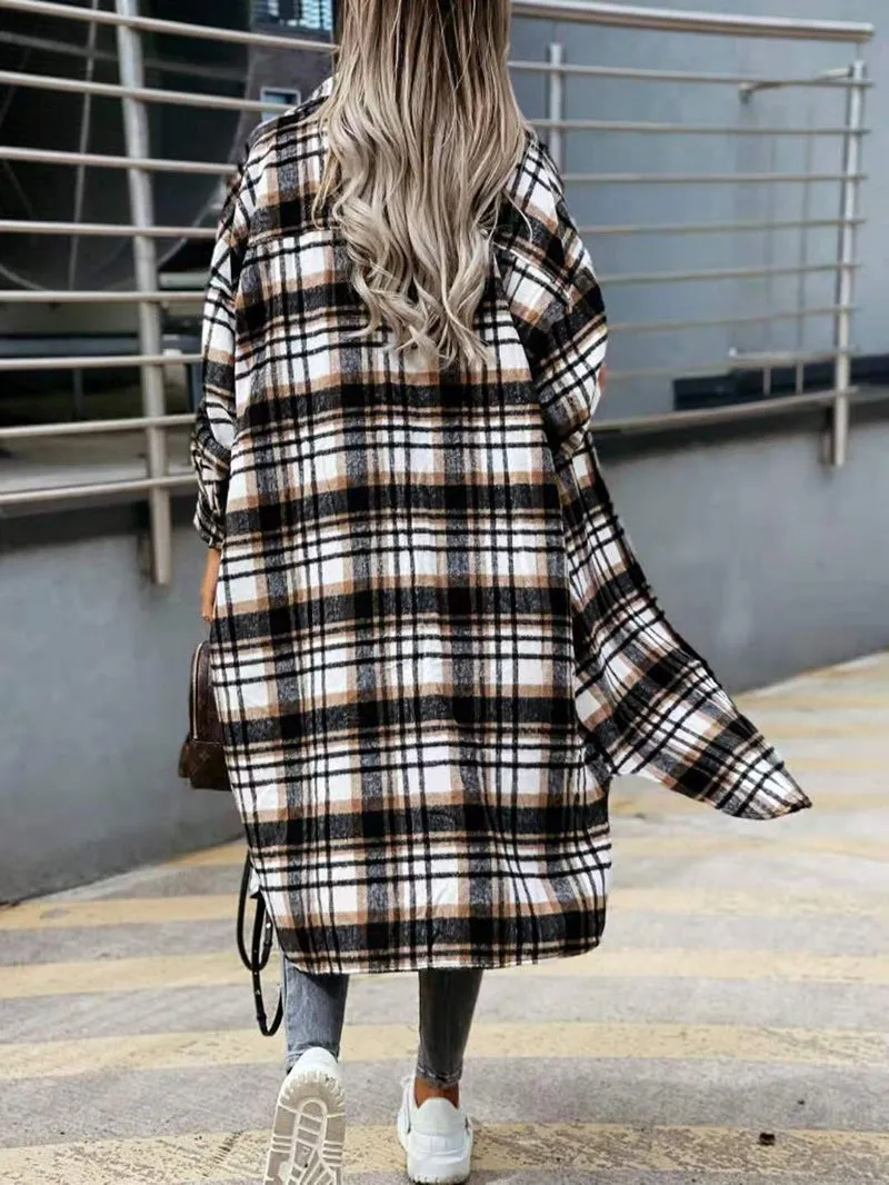 Wool Blend Longline Plaid Shacket Long Checked Peacoat