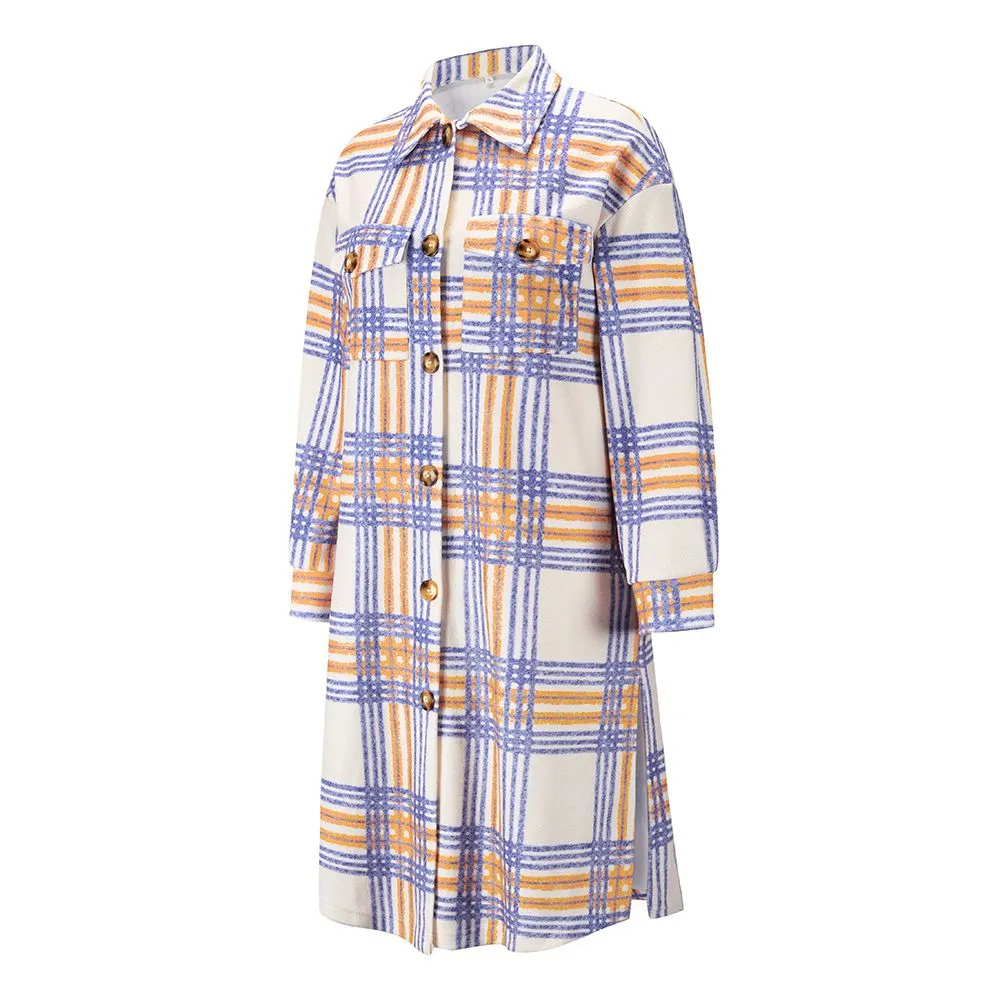 Wool Blend Longline Plaid Shacket Long Checked Peacoat