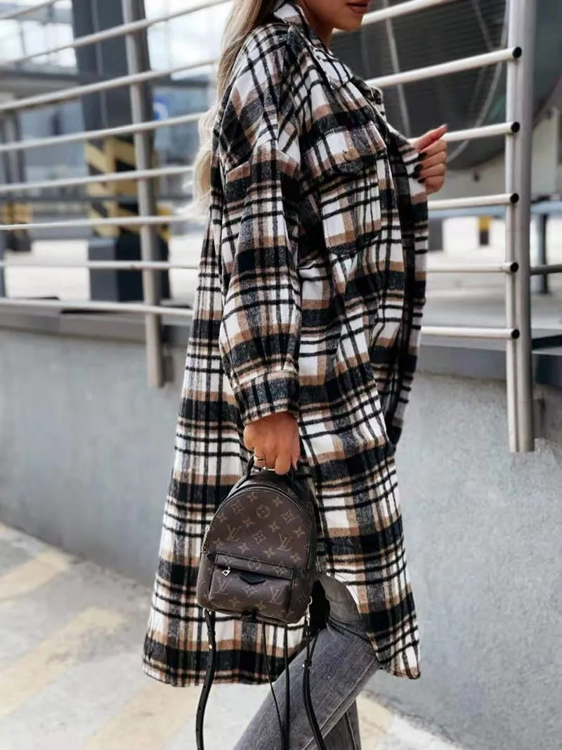 Wool Blend Longline Plaid Shacket Long Checked Peacoat