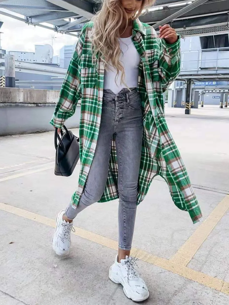 Wool Blend Longline Plaid Shacket Long Checked Peacoat