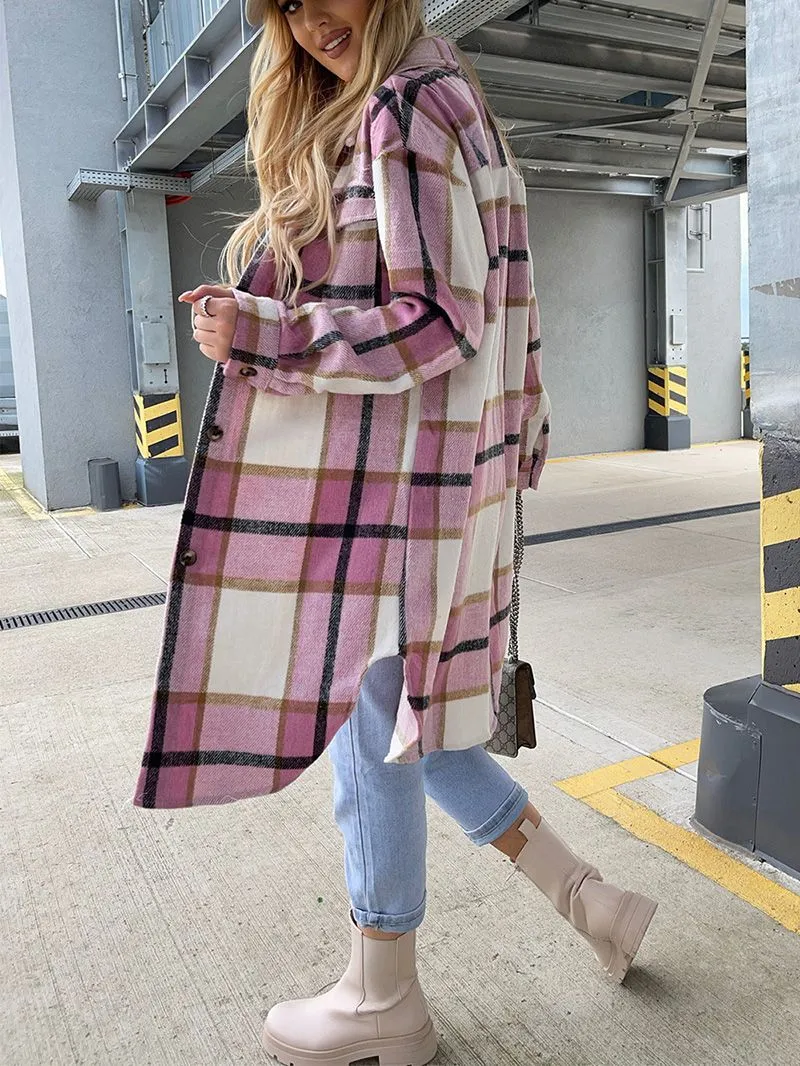 Wool Blend Longline Plaid Shacket Long Checked Peacoat