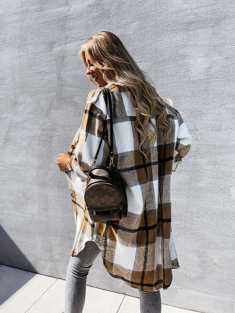 Wool Blend Longline Plaid Shacket Long Checked Peacoat