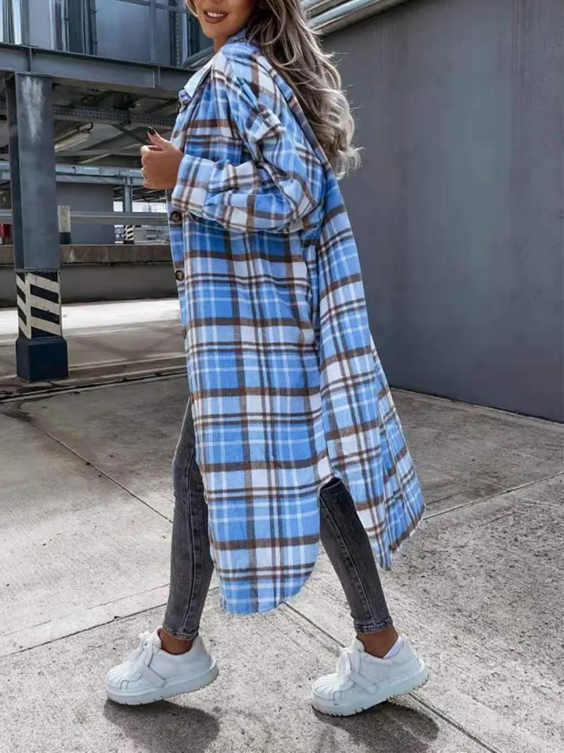 Wool Blend Longline Plaid Shacket Long Checked Peacoat