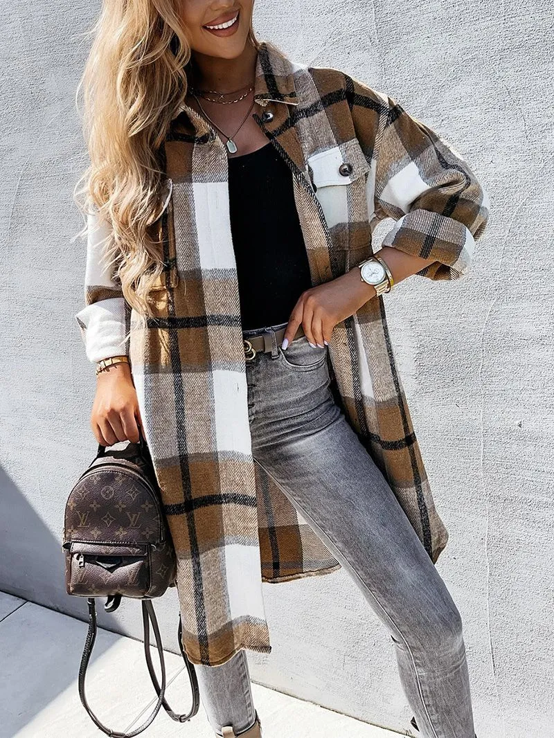 Wool Blend Longline Plaid Shacket Long Checked Peacoat