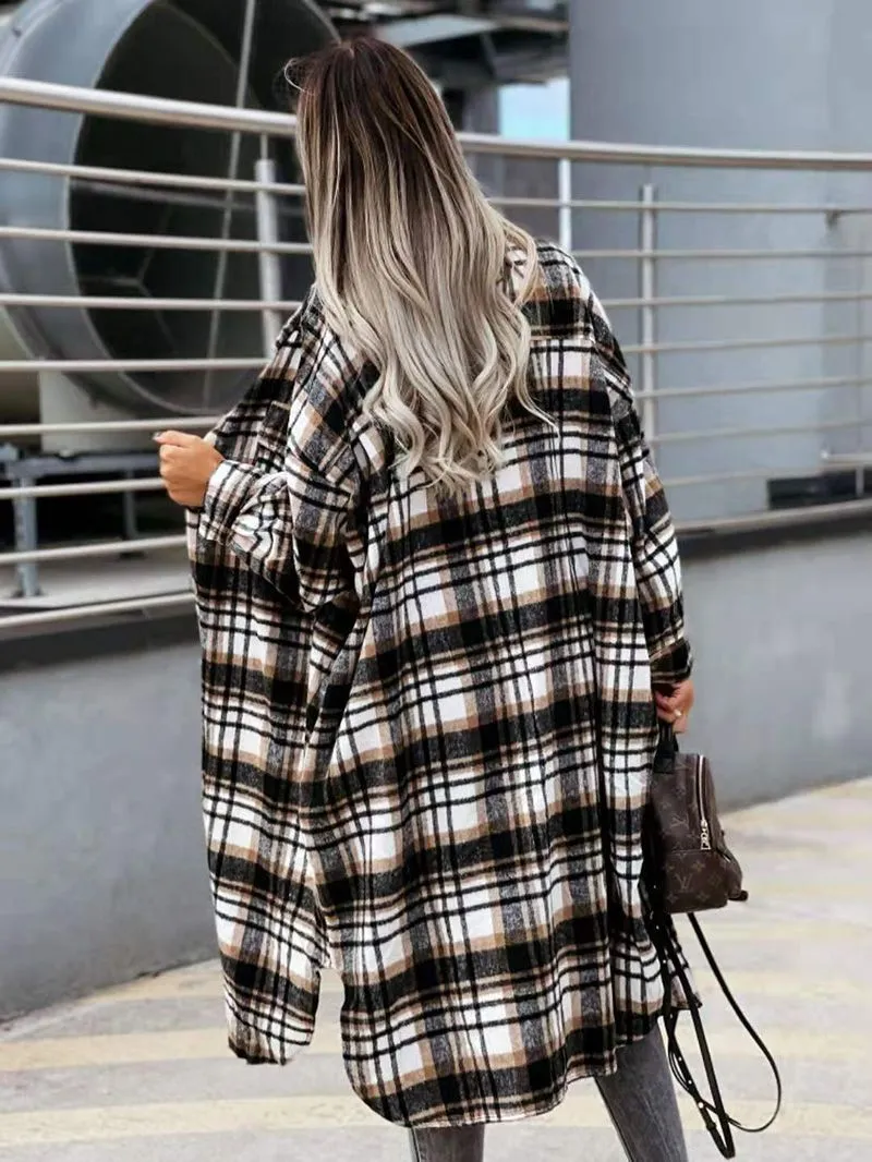 Wool Blend Longline Plaid Shacket Long Checked Peacoat