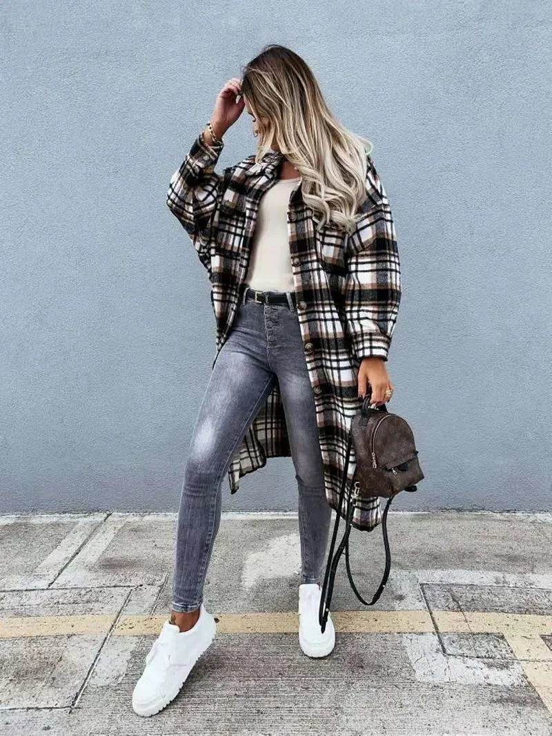 Wool Blend Longline Plaid Shacket Long Checked Peacoat