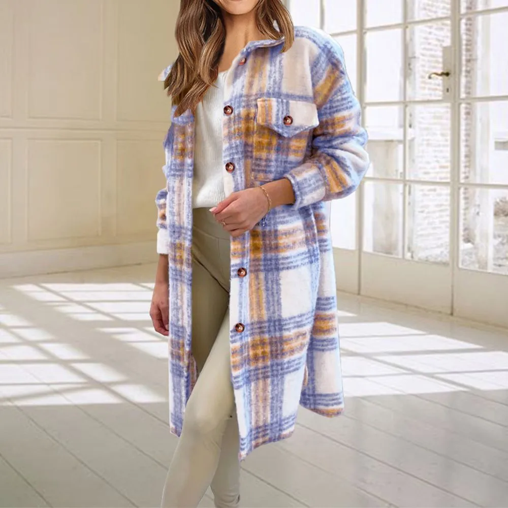 Wool Blend Longline Plaid Shacket Long Checked Peacoat