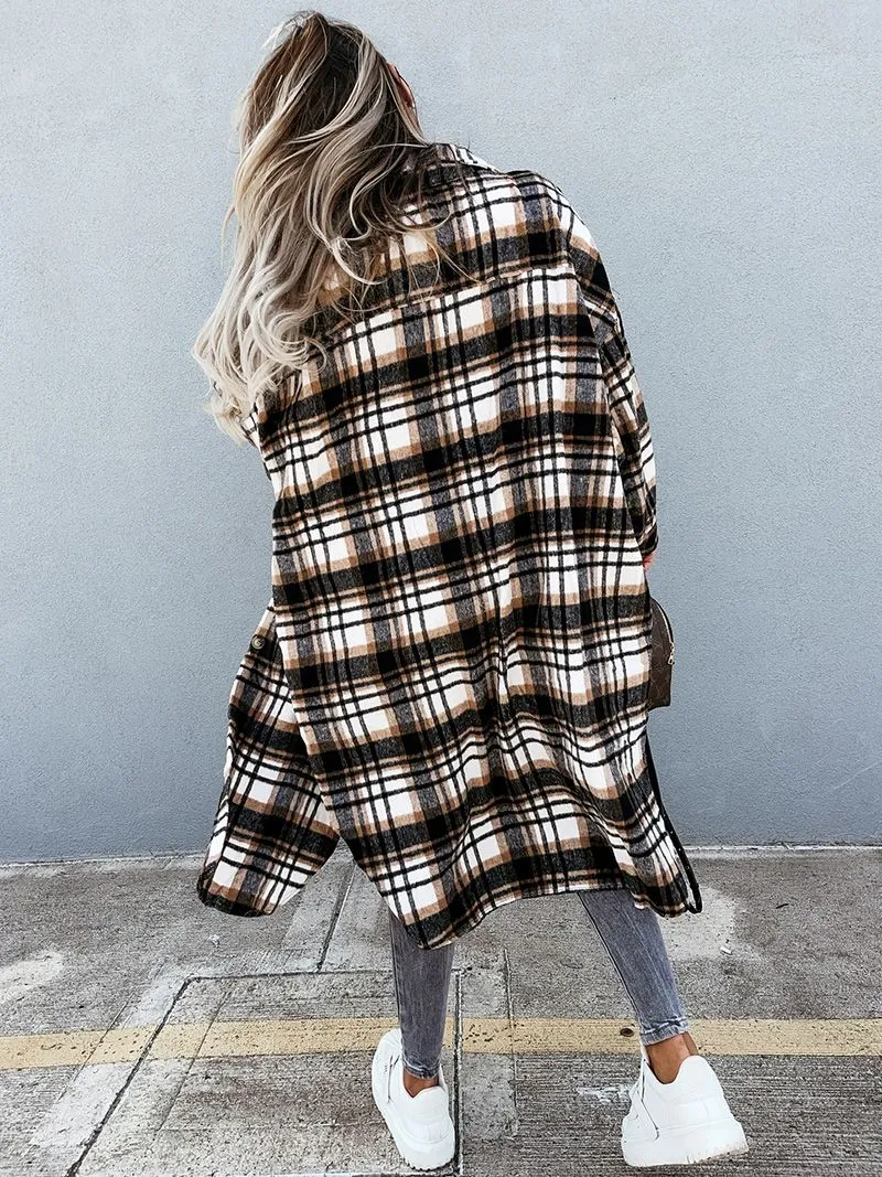 Wool Blend Longline Plaid Shacket Long Checked Peacoat