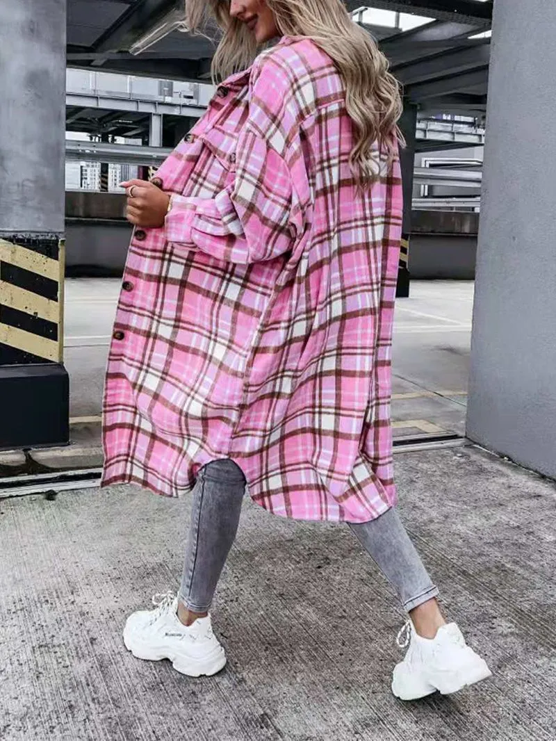 Wool Blend Longline Plaid Shacket Long Checked Peacoat