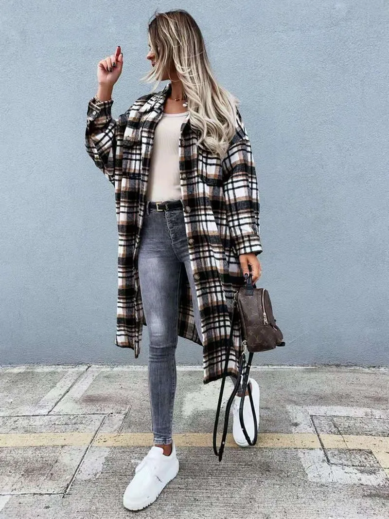 Wool Blend Longline Plaid Shacket Long Checked Peacoat