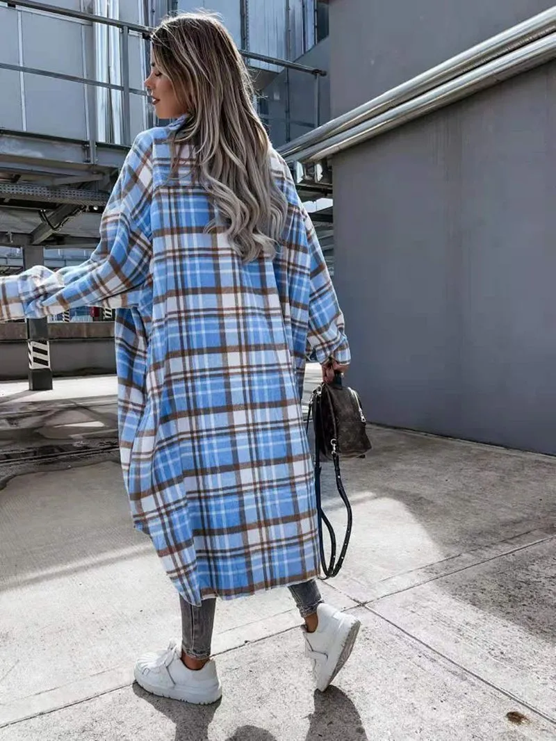 Wool Blend Longline Plaid Shacket Long Checked Peacoat