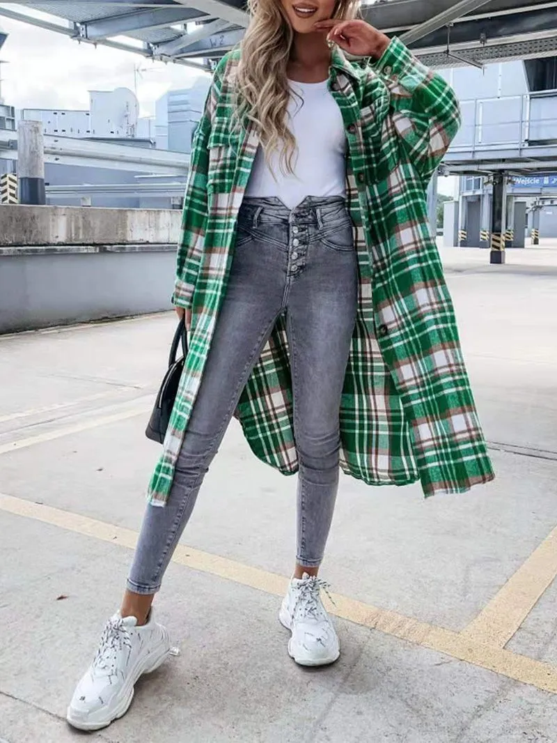 Wool Blend Longline Plaid Shacket Long Checked Peacoat