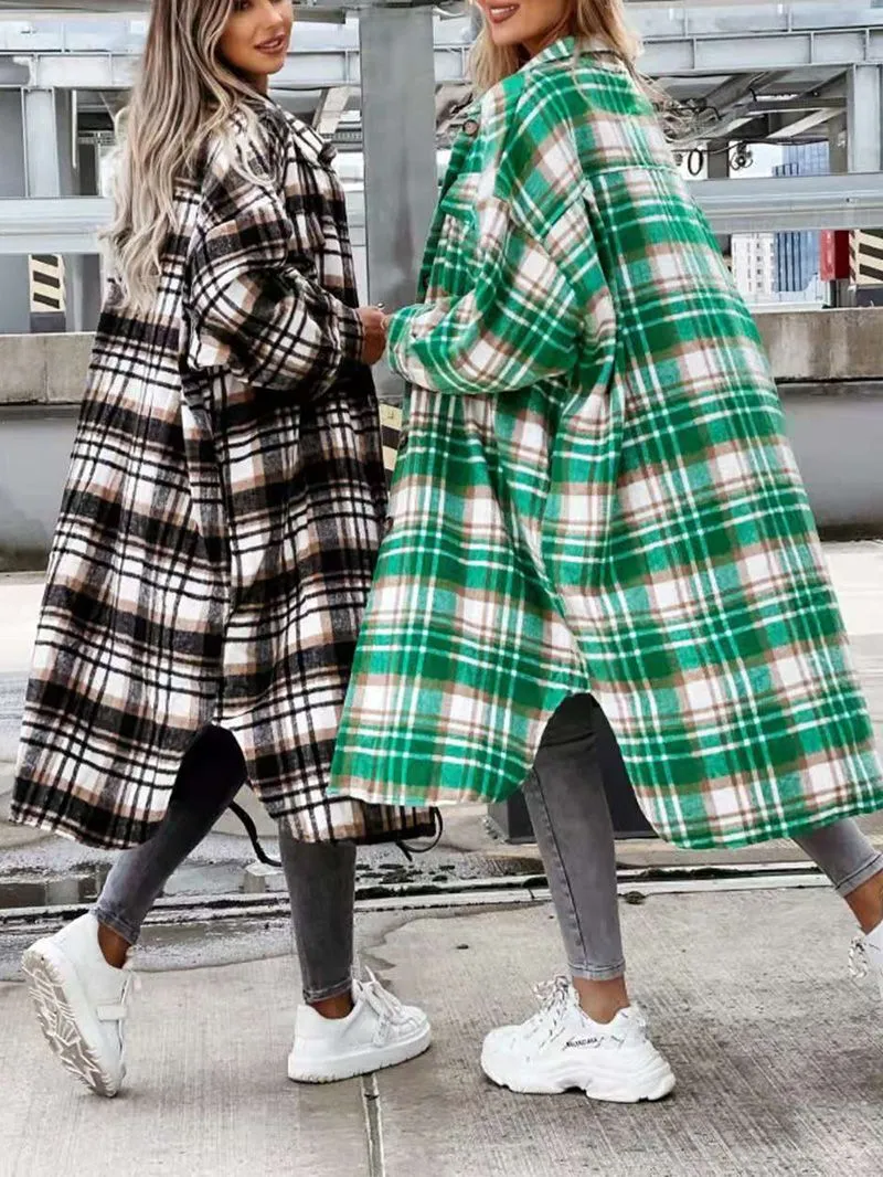 Wool Blend Longline Plaid Shacket Long Checked Peacoat