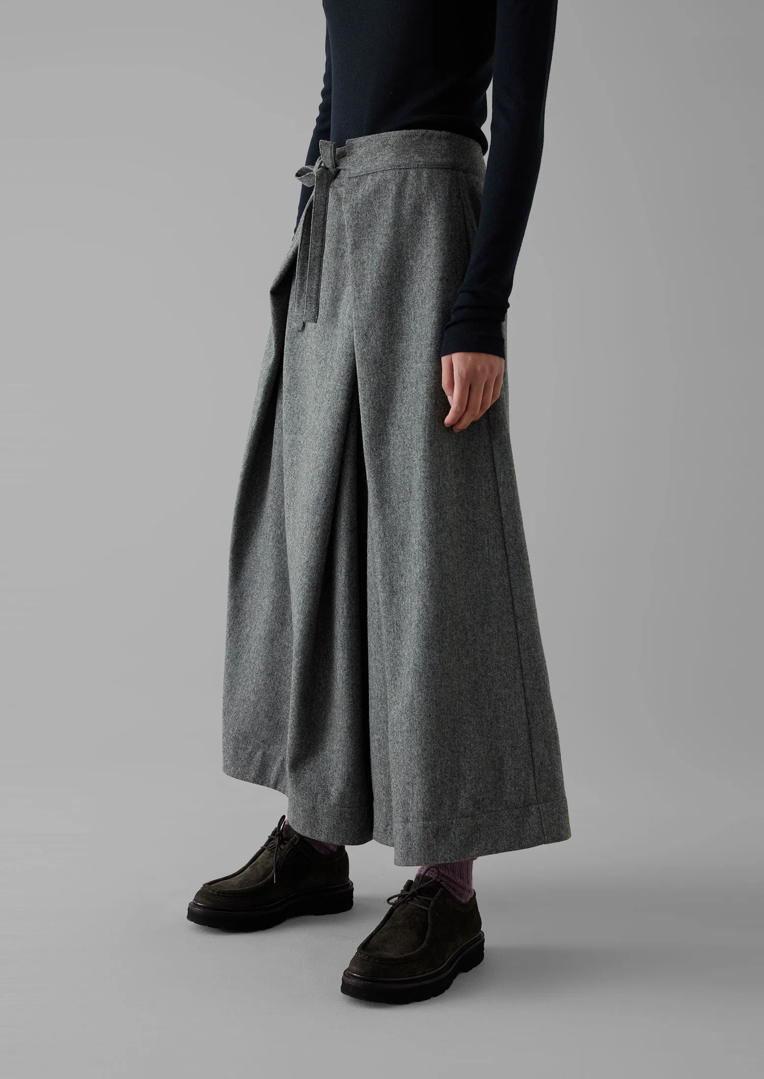 Wool Flannel Tie Front Culottes | Grey Melange