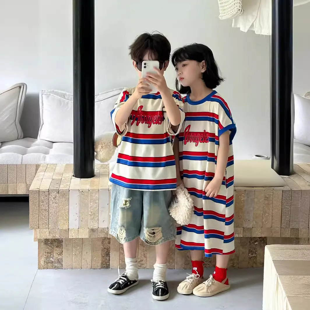 xiangtuibao  Children T-shirt Generation  Summer Boys and Girls Korean Color Striped Short Sleeve T-shirt Children's round Neck Letter Jacket