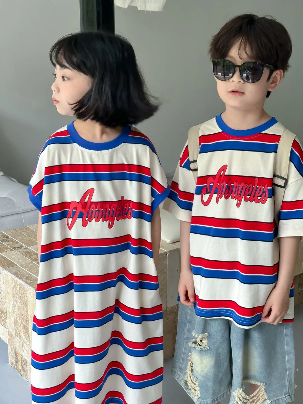 xiangtuibao  Children T-shirt Generation  Summer Boys and Girls Korean Color Striped Short Sleeve T-shirt Children's round Neck Letter Jacket