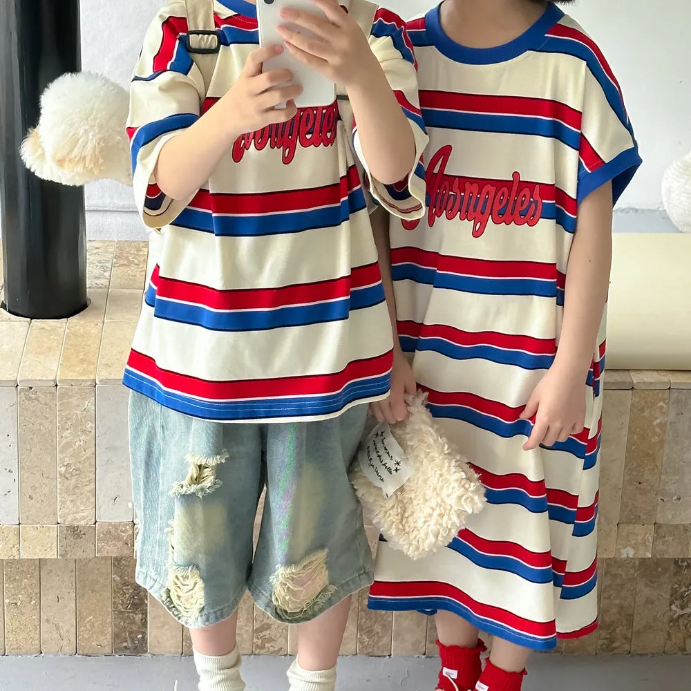 xiangtuibao  Children T-shirt Generation  Summer Boys and Girls Korean Color Striped Short Sleeve T-shirt Children's round Neck Letter Jacket