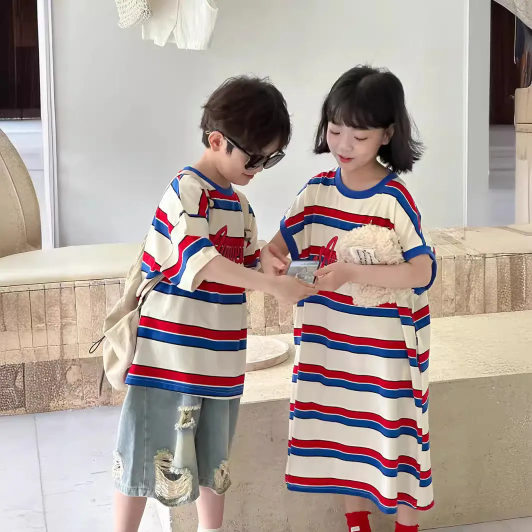 xiangtuibao  Children T-shirt Generation  Summer Boys and Girls Korean Color Striped Short Sleeve T-shirt Children's round Neck Letter Jacket