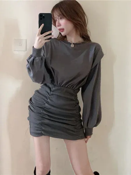 Y2k Black Bodycon Dress Korean Fashion Wrap Ruched Slim Party Mini Short Dtresses for Women Sexy Robe Female Outfit