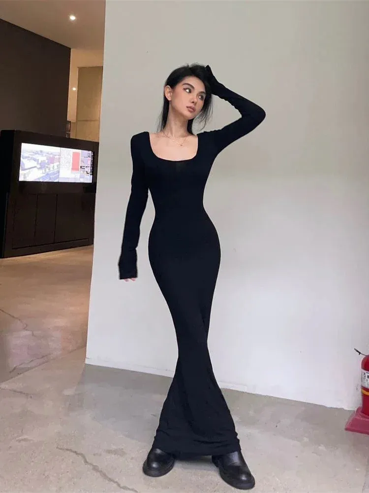 Y2K Sexy Black Dress Women Vintage Wrap Slim Bodycon Long Dresses Party Evening Square Collar Fashion Spring Outfits