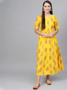 Yellow & Orange Printed Maxi Dress With Round Neck & Half Sleeves