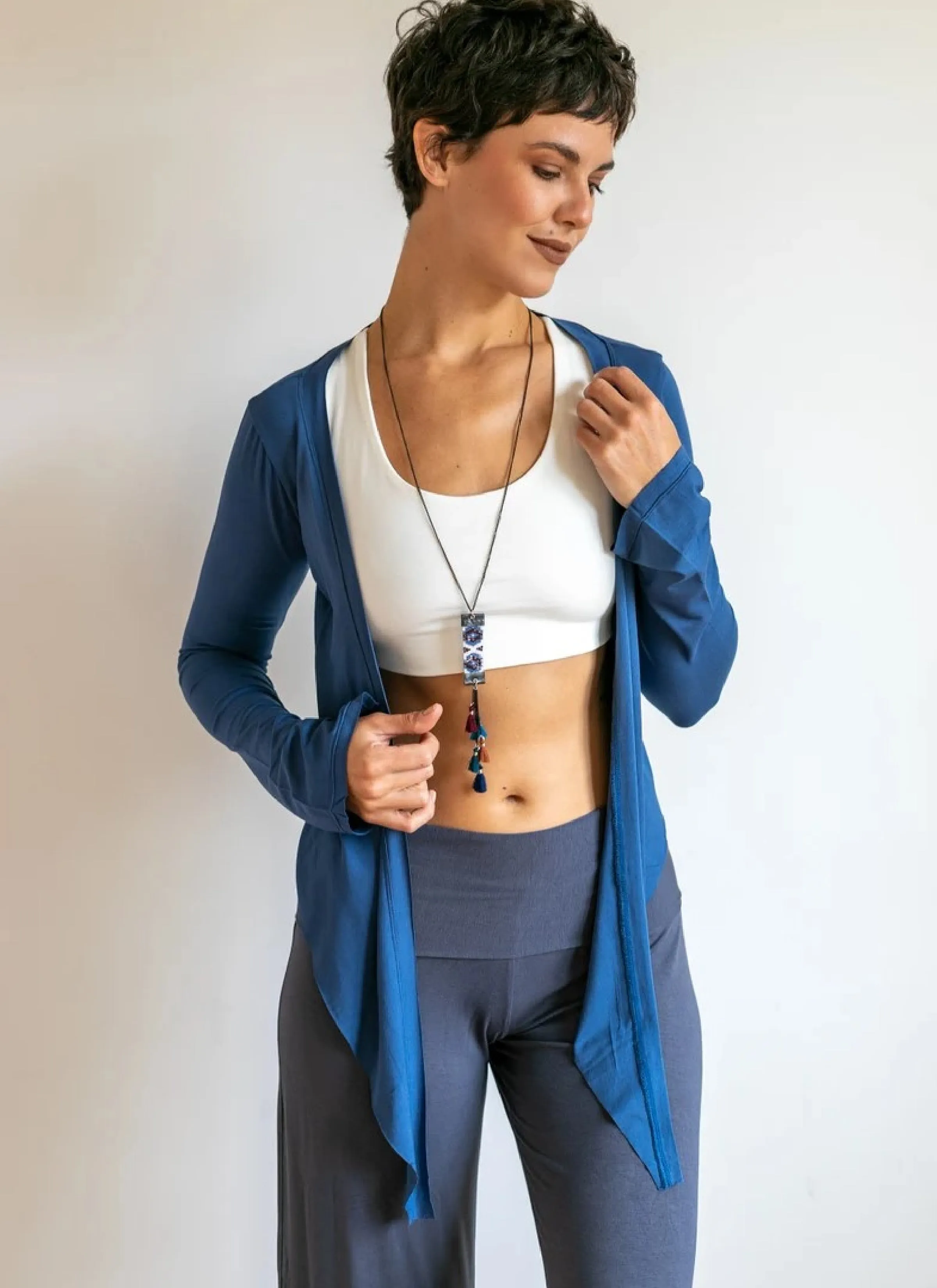 Yoga Wrap Ballet Jacket w/ Front Tie in Indigo