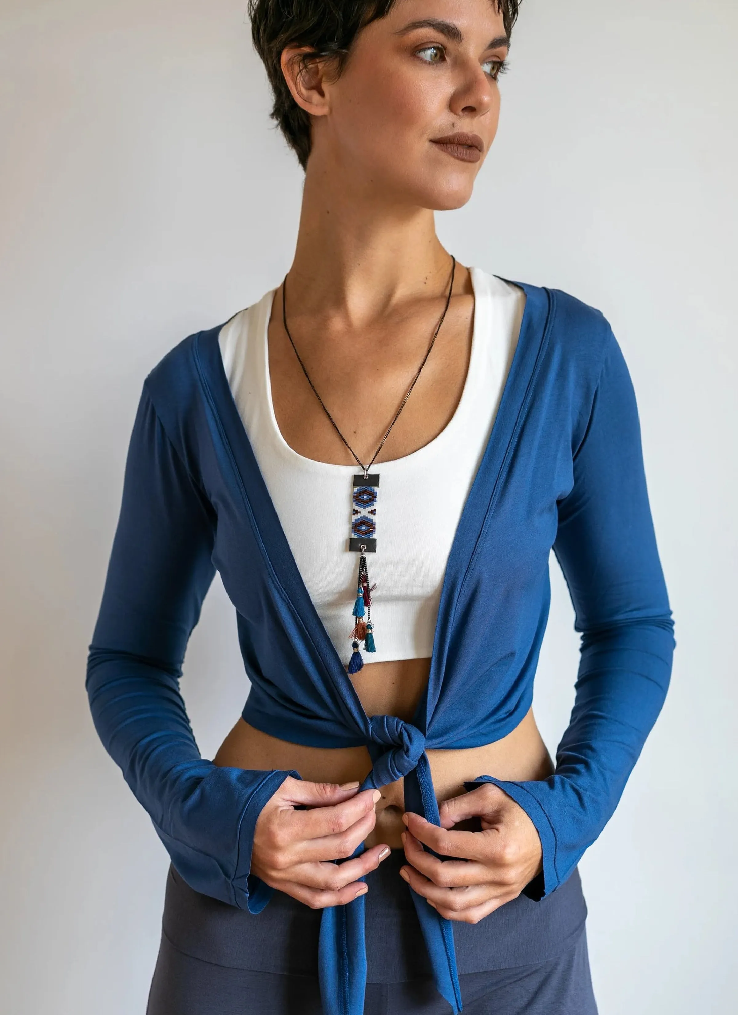 Yoga Wrap Ballet Jacket w/ Front Tie in Indigo