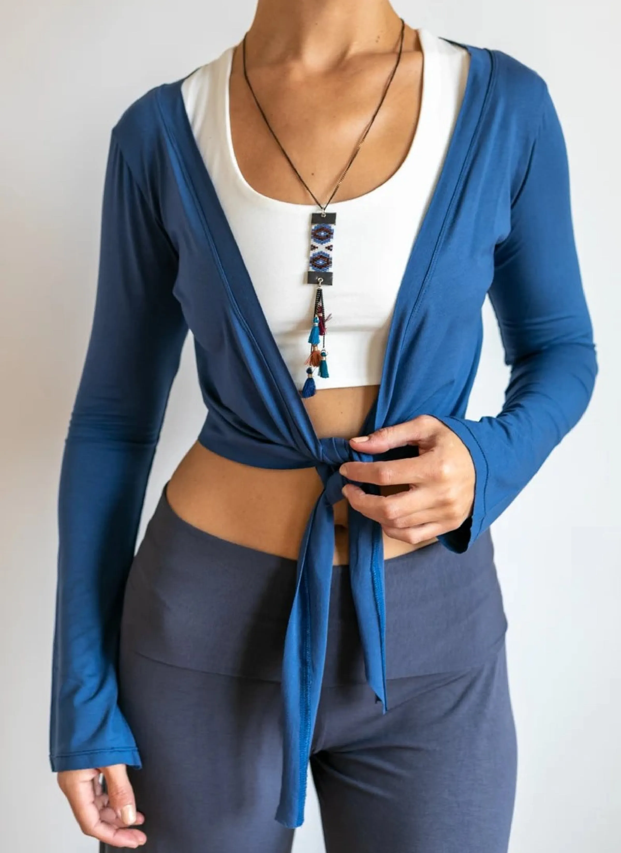 Yoga Wrap Ballet Jacket w/ Front Tie in Indigo