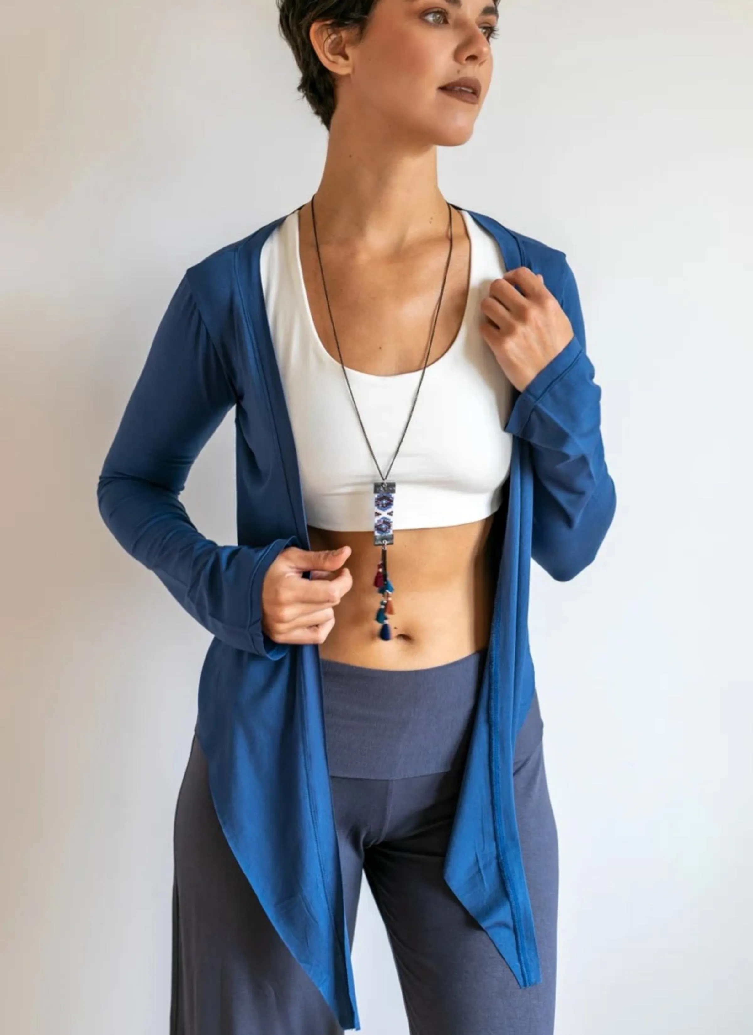 Yoga Wrap Ballet Jacket w/ Front Tie in Indigo