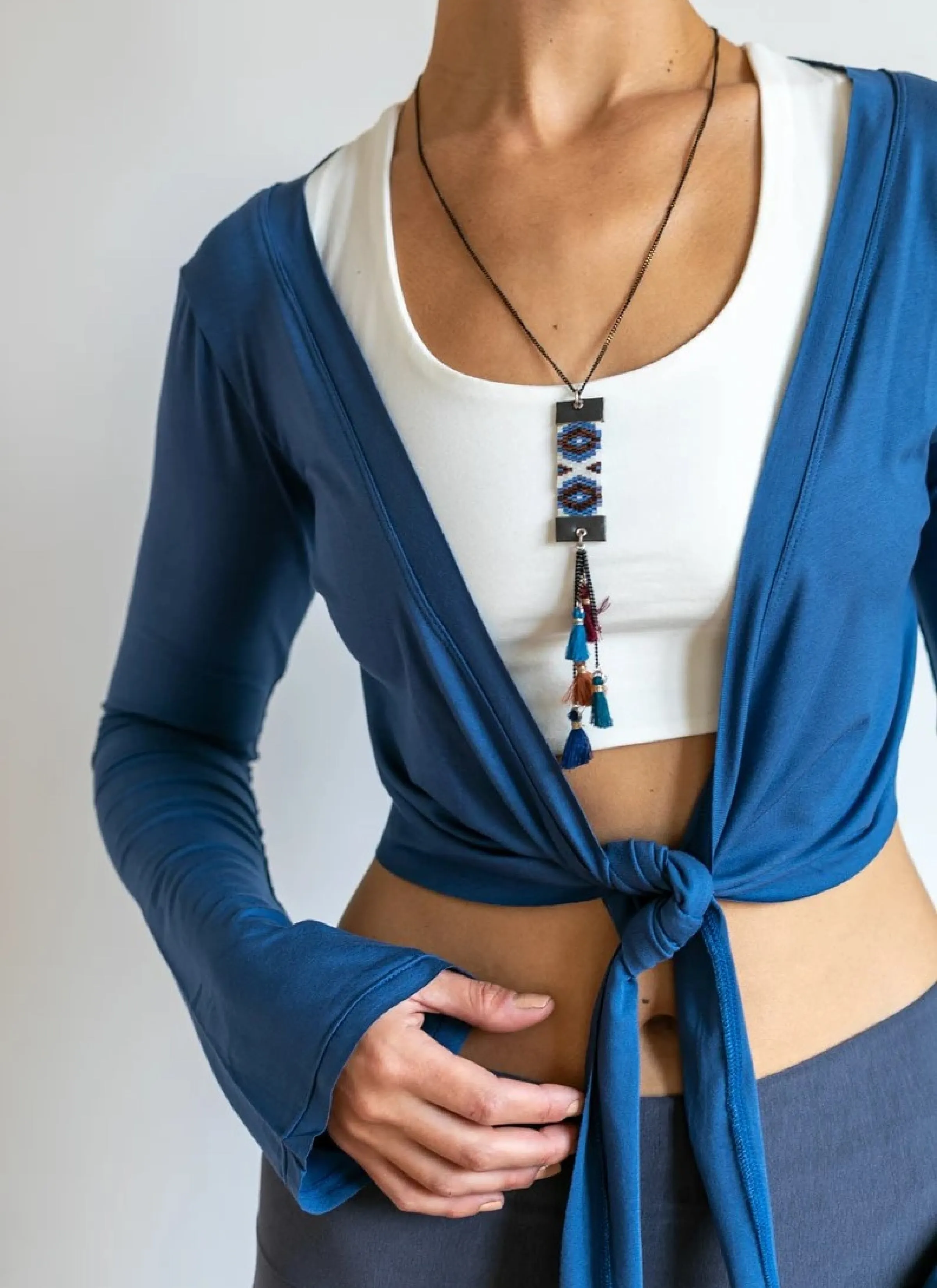 Yoga Wrap Ballet Jacket w/ Front Tie in Indigo