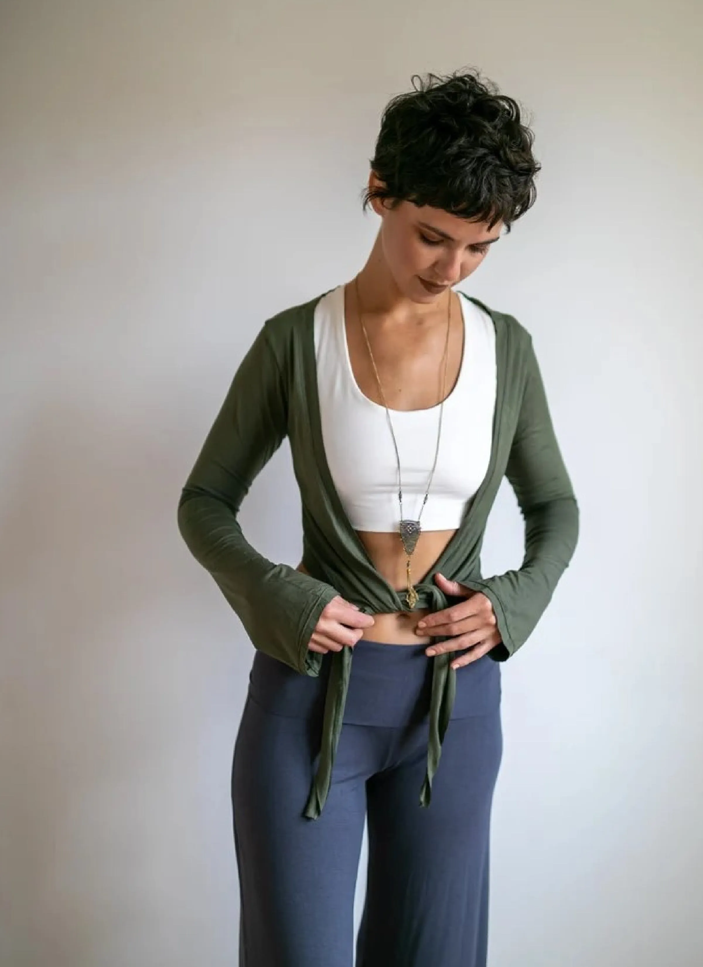 Yoga Wrap Ballet Jacket w/ Front Tie in Olive