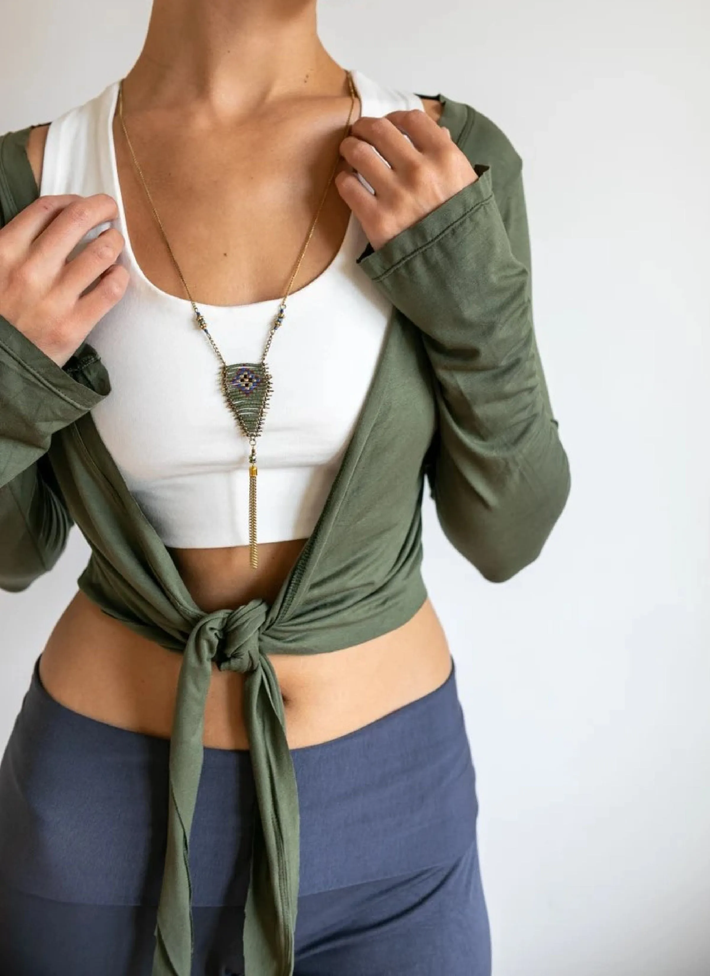 Yoga Wrap Ballet Jacket w/ Front Tie in Olive