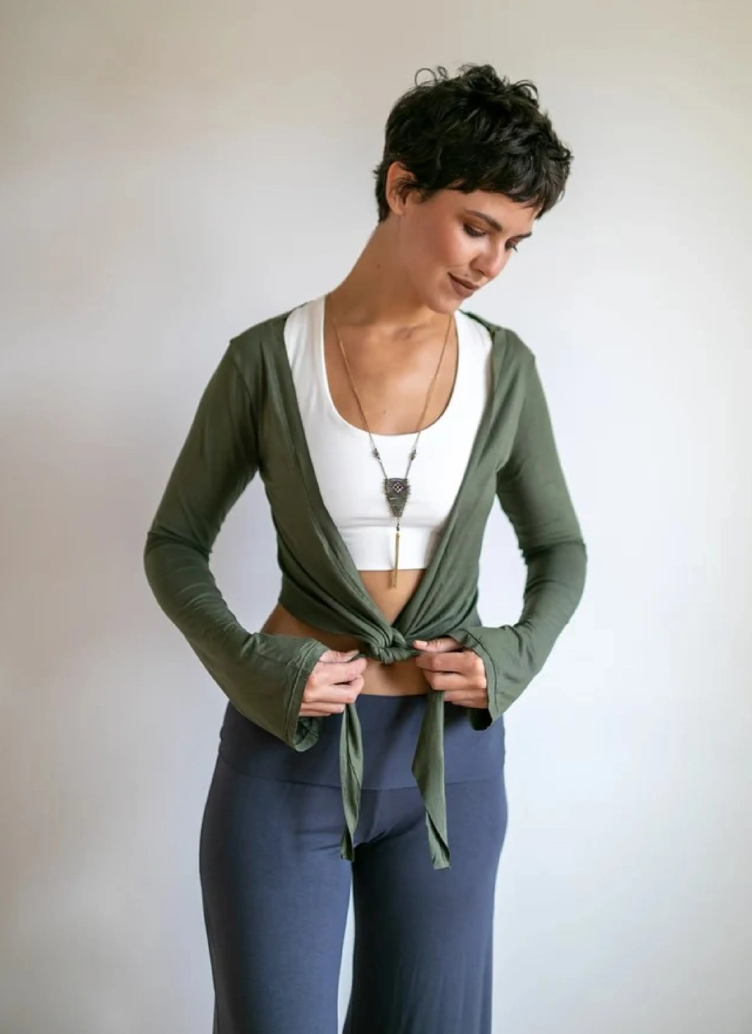 Yoga Wrap Ballet Jacket w/ Front Tie in Olive